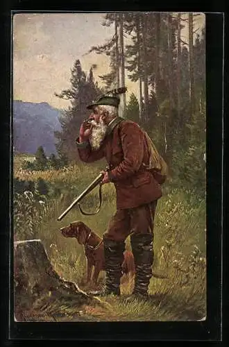 Künstler-AK alter Jäger lockt mit der Pfeife Wild an