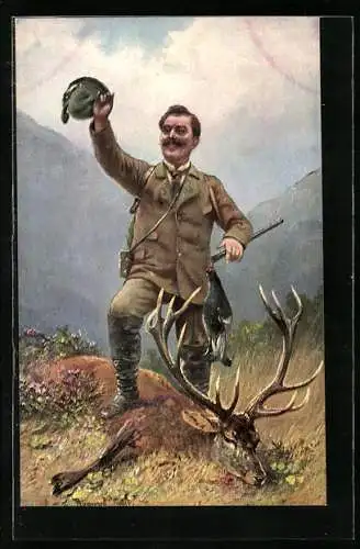 AK Jäger mit erlegtem Hirsch