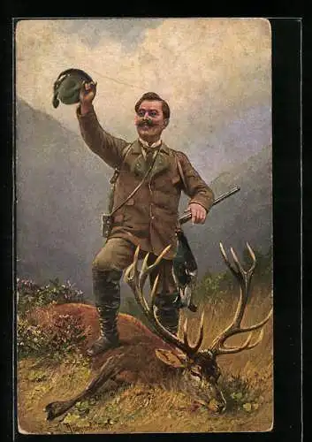 Künstler-AK Jäger mit seiner Jagdbeute