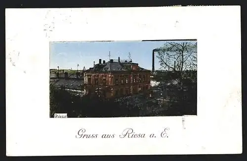 AK Riesa a. E., Blick auf den Bahnhof