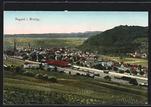 AK Nagold i. Wrttbg., Generalansicht mit dem Bahnhof und Zügen im Vordergrund