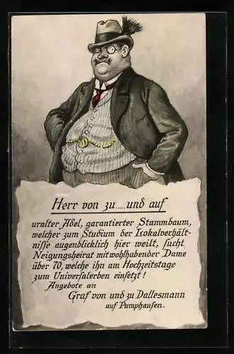 AK Heiratsanzeige von Graf von und zu Dallesmann aus Pumphausen, frauenfeindlicher Humor