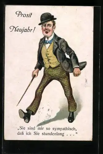 AK Herr in Anzugjacke mit Stock, Neujahrsgruss, Scherz