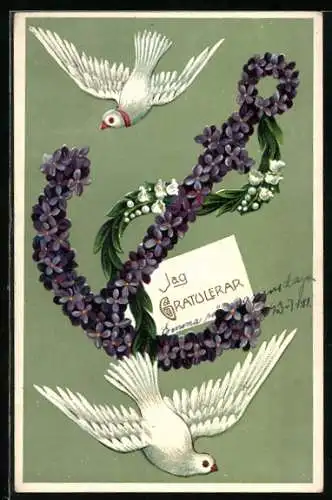 AK Anker aus Blumen mit zwei weissen Tauben