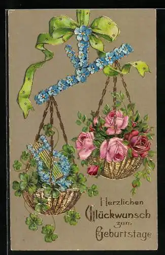 Präge-AK Waage mit Leier und Rosen, Geburtstagsgruss, Blumenbild