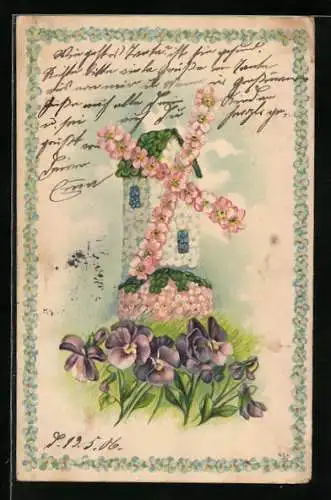 Präge-AK Windmühle mit Veilchen, Blumenbild