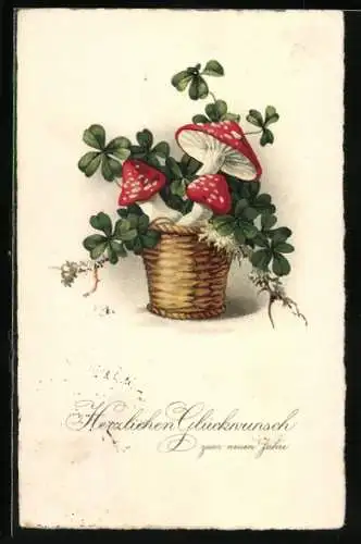 Künstler-AK Neujahresgruss, Korb voller Klee, Pilze darin