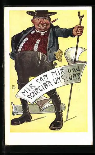 AK Mann mit Zigarette und Stab umflattert von Banderole mit Schriftzug