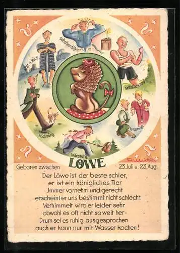 AK Sternzeichen Löwe, Charaktereigenschaften, Sitzender Löwe mit Schleifchen und Hut