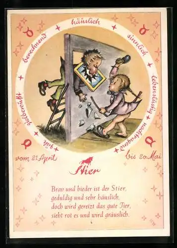 Künstler-AK Darstellung der Charakterzüge von Menschen mit dem Sternzeichen Stier