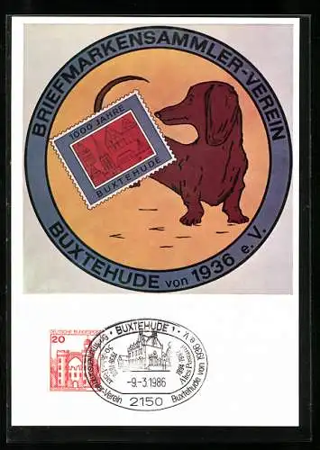 AK Buxtehude, 50-Jahre-Feier des Briefmarkensammler-Vereins 1936, Dackel und Briefmarke