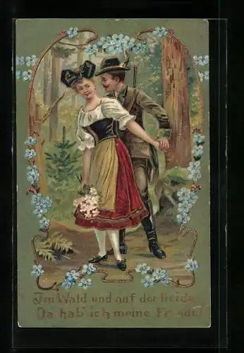 Präge-AK Jäger mit einer Frau im Wald