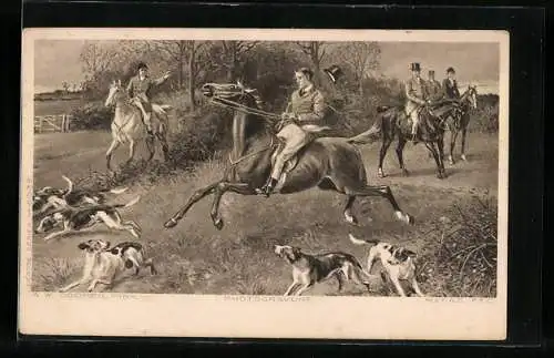 AK Jäger auf Pferden mit Hunden auf einer Wiese