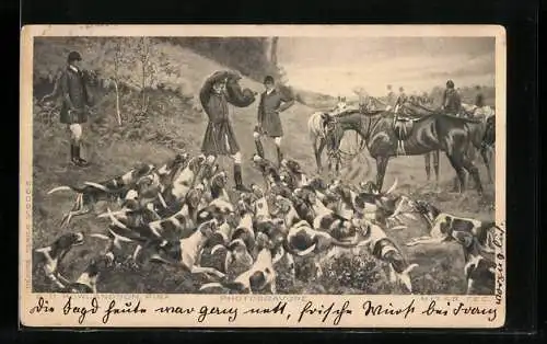 AK Jäger auf Pferden mit Hunden auf Wiesenstück