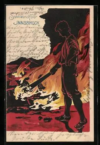 Künstler-AK Innsbruck, Sonnwendfeier 1901, Bursche schürt das Feuer