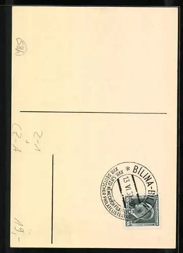 AK Bilin / Bilina, Deutscher Verbands- u. Philatelistentag 1937, Brieftaube und Posthorn