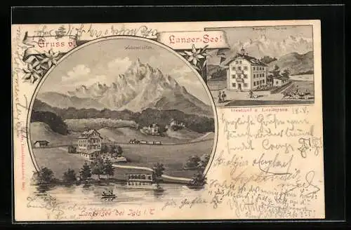 Lithographie Igls i. T., Gasthof zum Lansersee mit Brandjoch und Frau Hütt, Ortspartie mit Waldrastspitze