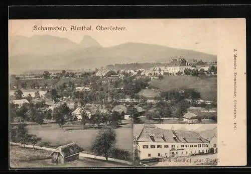 AK Scharnstein /Almthal, Lidauer`s Gasthof zur Post, Panorama