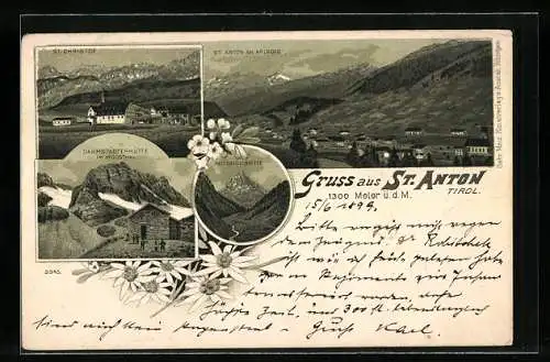Lithographie St. Anton /Tirol, Ansichten St. Christof, Patteriol-Spitze und Teilansicht