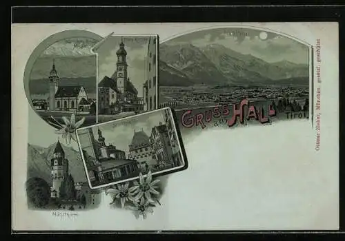 Mondschein-Lithographie Hall /Tirol, Wallfahrts-Kirche Absam, Stadtplatz, Pfarr-Kirche