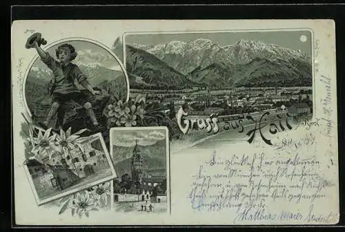 Mondschein-Lithographie Hall /Tyrol, Teilansicht, Rathaus, Münzerturm