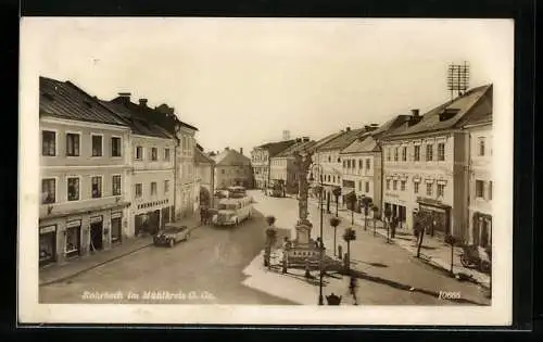 AK Rohrbach /Mühlkreis, Hauptplatz mit Geschäften und Mariensäule