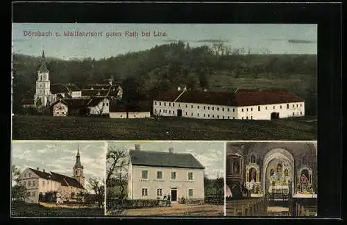 AK Dörnbach, Guten Rath, Krämerei v. J. Wenger, Kirche Aussen- und Innenansicht, Ortspanorama