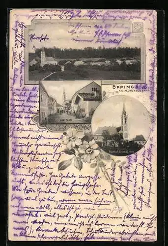 AK Sieghartskirchen, Öpping a. d. Mühlkreisbahn, Teilansicht, Pfarrhof mit Kirche und Schule, Dorfplatz