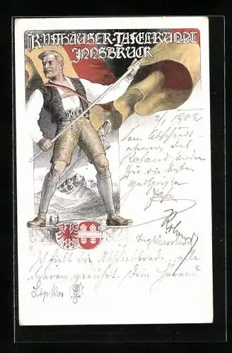 Lithographie Innsbruck, Kyffhäuser Tafelrunde, Mann mit Fahne