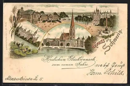 Vorläufer-Lithographie Schwerin / Mecklenburg, 1893, Theater & Museum, Schloss, Dom