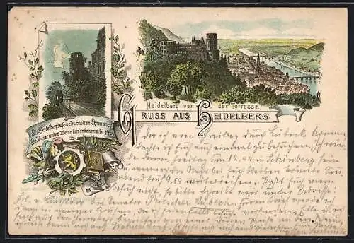 Vorläufer-Lithographie Heidelberg, 1895, Schloss bei Nacht, Panorama