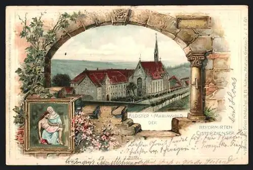 Lithographie Mariawald, Kloster aus der Vogelschau, Pieta