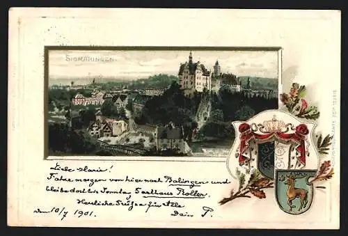 Passepartout-Lithographie Sigmaringen, Ortsansicht aus der Vogelschau mit Wappen