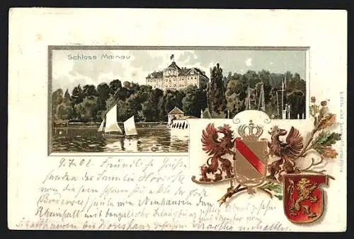 Passepartout-Lithographie Mainau, Flusspartie mit Schloss