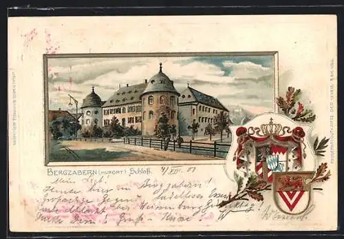 Passepartout-Lithographie Bergzabern, Ansicht vom Schloss, Wappen