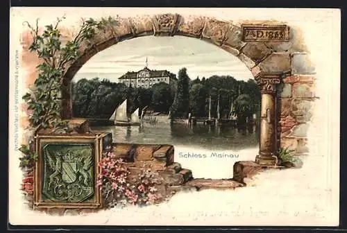 Passepartout-Lithographie Mainau, Blick zum Schloss mit Seegelboot, Wappen