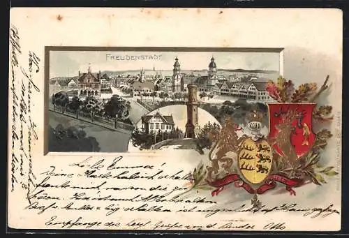 Passepartout-Lithographie Freudenstadt, Totalansicht, Gasthaus Friedrichshöhe, Wappen