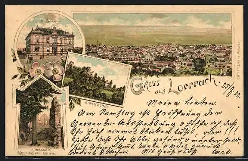 Lithographie Lörrach, Schloss Rötteln, Gr. Bezirksamt, Totalansicht