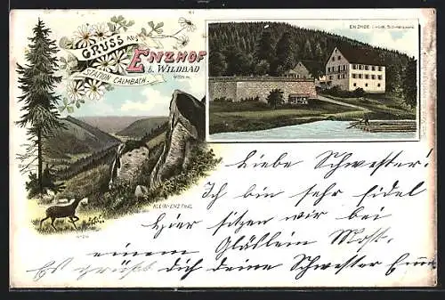 Lithographie Calmbach bei Wildbad, Gasthaus Enzhof mit Flösser, Klein-Enzthal