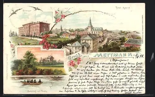 Lithographie Mettmann, Seminar und Bahnhof mit Teich