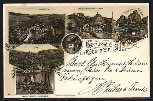 Lithographie Oberstein-Idar, Achatschleife, Felsenkirche und Fuhr`s Hütte