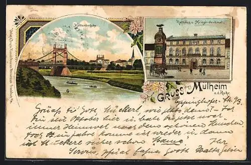 Lithographie Mülheim a. d. Ruhr, Kettenbrücke, Rathaus und Kriegerdenkmal