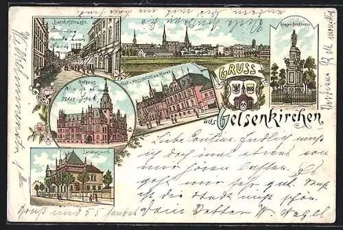 Lithographie Gelsenkirchen, Blick zum Ort, Bahnhofstrasse, Postamt, Amtsgericht