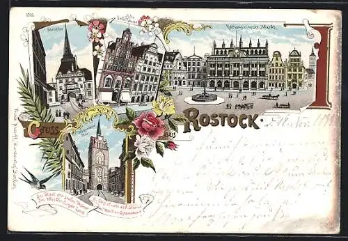 Lithographie Rostock, Blick auf Rathaus, neuer Markt, Kröpeliner Thor, Steinthor und alte Giebelhäuser