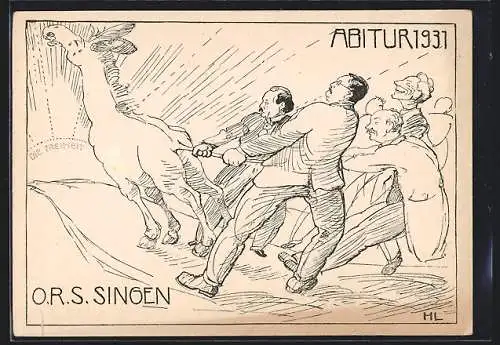 Künstler-AK Singen / Hohentwiel, Absolvia Abitur 1931, Lehrer ziehen einen Esel am Schwanz