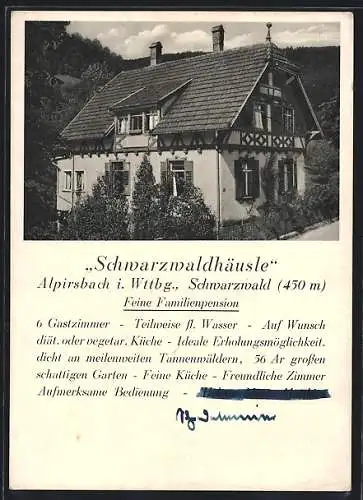 AK Alpirsbach i. Wttbg. Schwarzwald, Hotel-Pension Schwarzwaldhäusle, Helene Maria Matthies