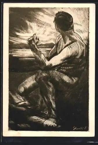 Künstler-AK Konstanz, Absolvia Abitur der Zeppelin-Oberrealschule 1926, Sitzender abgewandter Mann