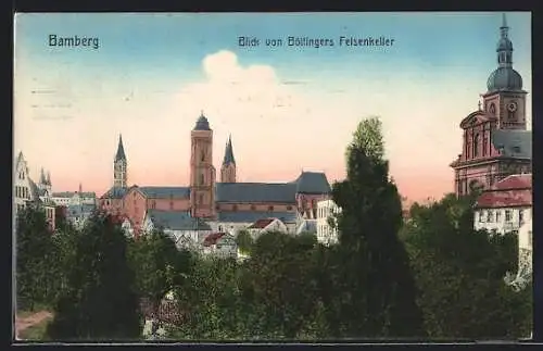 AK Bamberg, Blick vom Gasthaus Böttingers Felsenkeller mit Kirche