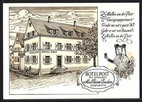 Künstler-AK Müllheim /Baden, Hotel Post von Alfred Heitz
