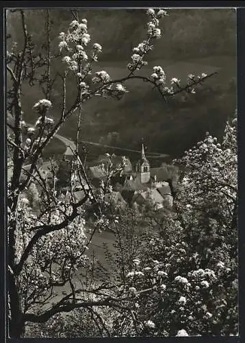 AK Bächlingen im Jagsttal, Dorfansicht mit Kirche bei Baumblüte
